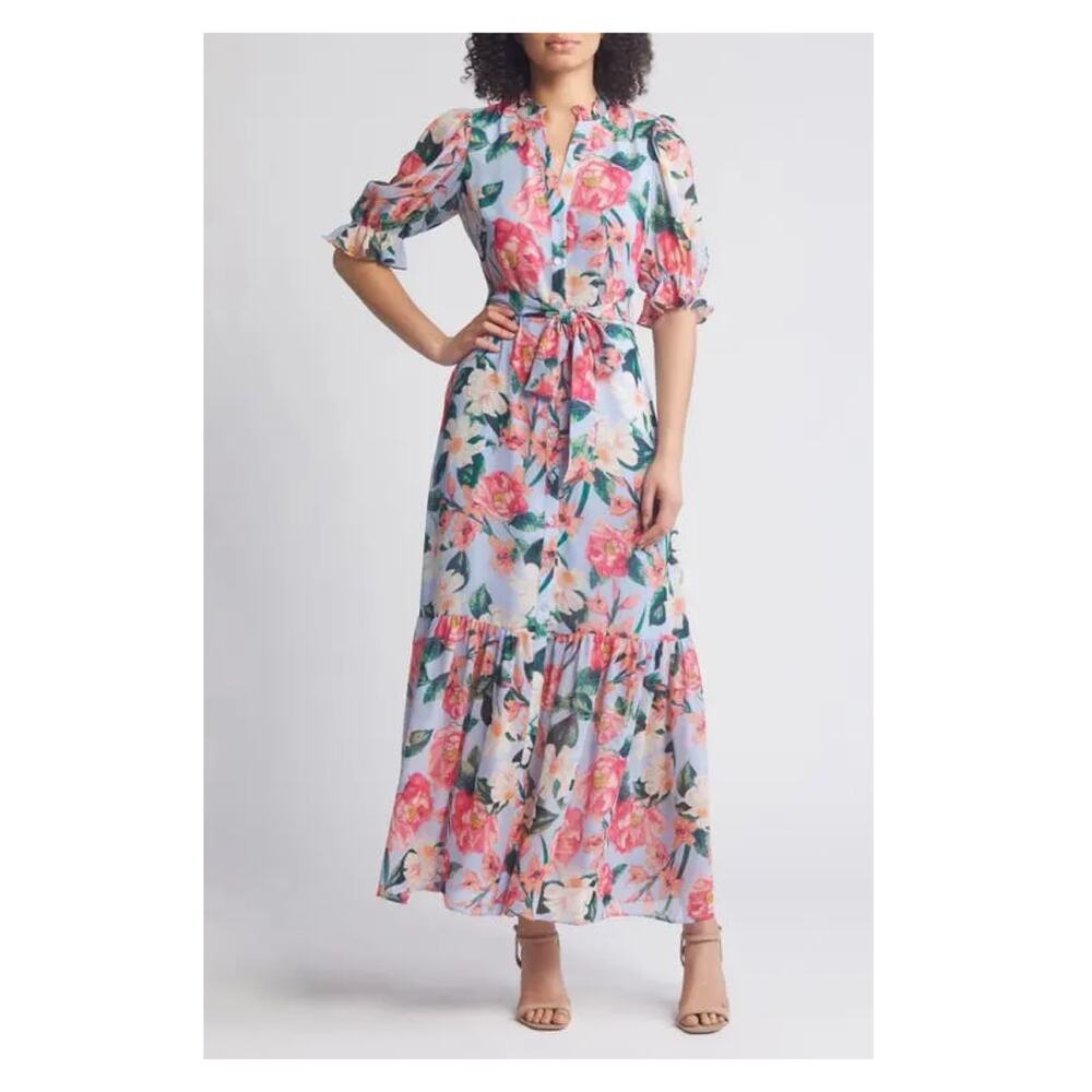 Eliza J Blue Floral Belted Maxi Shirt Dress Sz.4 NWT